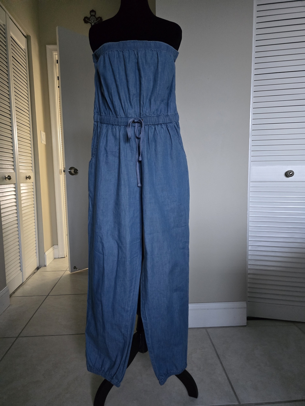 Denim-Look Strapless Jumpsuit in Light Blue